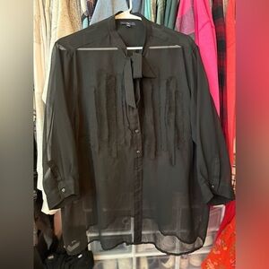 GAP Black Tie-Neck Sheer Button Blouse